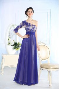 Blue Side Zipper One Shoulder Beading and Appliques Evening Dress Chiffon Long Sleeves