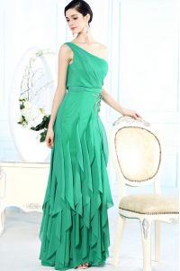 Suitable Green Column/Sheath One Shoulder Sleeveless Chiffon Floor Length Side Zipper Appliques Evening Dress