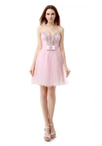 Fancy Tulle V-neck Sleeveless Zipper Beading Prom Gown in Baby Pink
