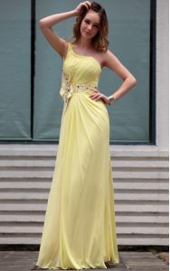 One Shoulder Light Yellow Side Zipper Prom Party Dress Beading Sleeveless Floor Length