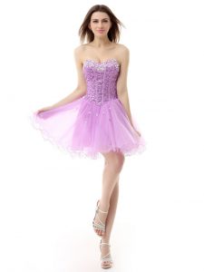 Lilac Lace Up Prom Dress Beading Sleeveless Knee Length