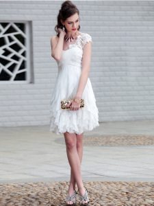 Lovely One Shoulder Sleeveless Mini Length Lace and Ruffles Zipper Evening Wear with White