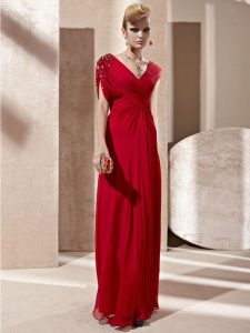 Fancy Short Sleeves Organza Floor Length Side Zipper Prom Dresses in Red with Beading and Ruching