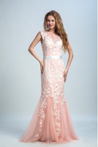 Peach Column/Sheath Bateau Sleeveless Tulle and Lace Floor Length Zipper Lace Prom Evening Gown