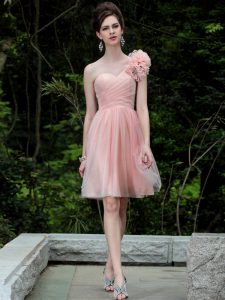 Dazzling One Shoulder Sleeveless Knee Length Beading and Hand Made Flower Side Zipper Prom Party Dress with Peach