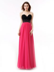 Decent Pink And Black Sleeveless Beading and Ruffles Floor Length Dress for Prom