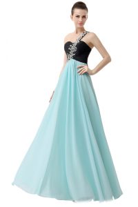 Best One Shoulder Blue And Black Sleeveless Chiffon Zipper Homecoming Dress for Prom