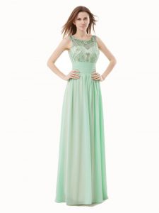 Ideal Apple Green Empire Scoop Sleeveless Chiffon Floor Length Zipper Beading and Bowknot Homecoming Gowns