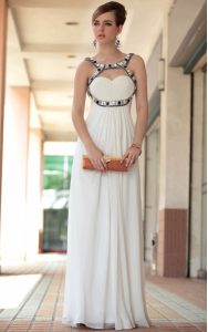 Hot Selling Floor Length Side Zipper Prom Party Dress White for Prom and Party with Beading and Ruching