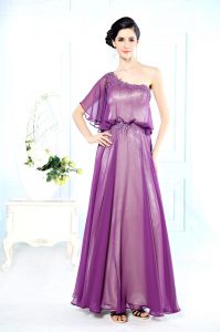 Affordable Purple Chiffon Side Zipper One Shoulder Half Sleeves Floor Length Prom Dress Beading