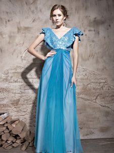 Cap Sleeves Floor Length Sequins Zipper Prom Party Dress with Teal