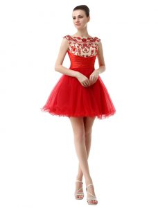 Shining Red Organza Zipper Prom Dresses Cap Sleeves Mini Length Beading and Ruching