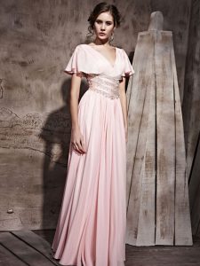 Pink Column/Sheath V-neck Short Sleeves Chiffon Floor Length Side Zipper Beading and Ruching Mother Of The Bride Dress