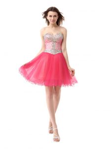 Luxury Coral Red A-line Beading Prom Dress Zipper Organza Sleeveless Knee Length
