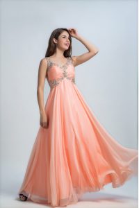 Orange Sleeveless Floor Length Beading Backless Dress for Prom