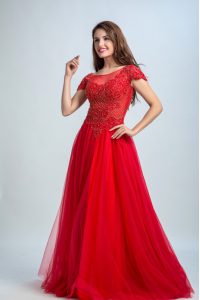 Flirting Red A-line Lace Dress for Prom Zipper Tulle Cap Sleeves Floor Length