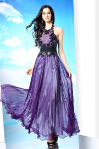 Halter Top Purple Column/Sheath Lace Prom Evening Gown Zipper Chiffon Sleeveless Floor Length
