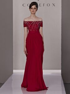 Custom Designed Off the Shoulder Short Sleeves Floor Length Beading and Ruching Zipper Prom Party Dress with Red