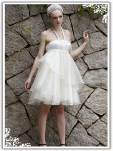 Empire Homecoming Dress White Halter Top Organza Sleeveless Knee Length Zipper