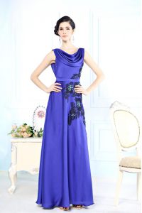 Hot Selling Column/Sheath Prom Party Dress Blue Scoop Satin Sleeveless Floor Length Backless