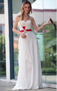Sleeveless Satin Floor Length Side Zipper Prom Gown in White with Belt