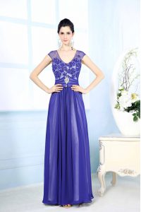 Scoop Sleeveless Floor Length Beading and Appliques Zipper Prom Evening Gown with Blue