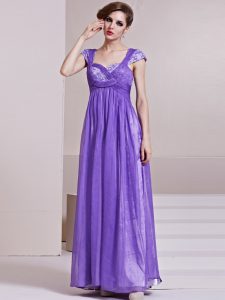 Beauteous Lavender Column/Sheath Square Cap Sleeves Chiffon Ankle Length Side Zipper Sequins and Ruching Prom Party Dres