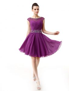 Scoop Dark Purple Side Zipper Prom Evening Gown Beading and Ruffles Cap Sleeves Mini Length