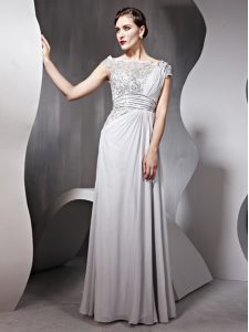 High Quality Silver Prom Gown Prom and Party and For with Appliques and Ruching Bateau Cap Sleeves Side Zipper