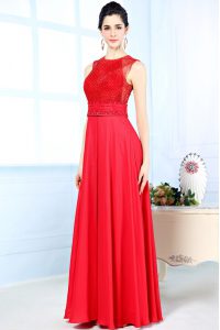 Low Price Scoop Red Column/Sheath Beading Prom Dress Zipper Chiffon Sleeveless Floor Length