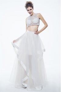 Scoop Chiffon Sleeveless Floor Length Celebrity Dress and Beading and Lace