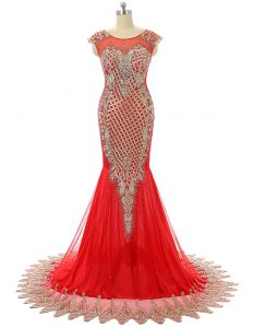 Satin Scoop Sleeveless Brush Train Zipper Beading and Lace Prom Party Dress in Red