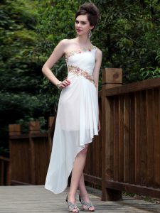 Inexpensive One Shoulder Sleeveless Evening Outfits Ankle Length Appliques White Organza