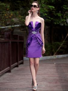 Beautiful Purple Column/Sheath V-neck Sleeveless Satin Knee Length Zipper Beading and Appliques