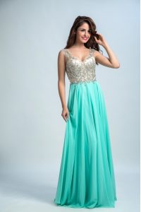 Sleeveless Chiffon Floor Length Zipper Prom Gown in Aqua Blue with Beading and Appliques