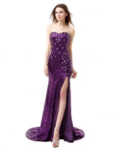 Custom Fit Mermaid Floor Length Side Zipper Evening Dress Purple for Prom with Beading and Ruffles Brush Train