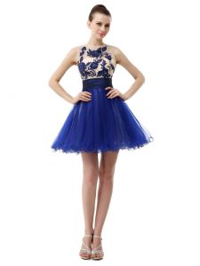 Royal Blue A-line Organza Scoop Sleeveless Appliques Knee Length Clasp Handle Prom Evening Gown