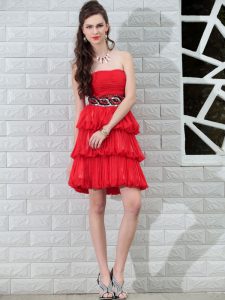 Traditional Red Column/Sheath Strapless Sleeveless Chiffon Knee Length Side Zipper Beading Prom Party Dress