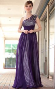 One Shoulder Purple Sleeveless Chiffon Side Zipper Prom Gown for Prom and Party
