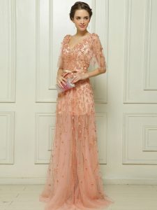 Tulle Cap Sleeves With Train Prom Party Dress Brush Train and Beading and Appliques