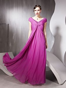 Charming Rose Pink Prom Dresses Prom and Party and For with Beading and Ruching V-neck Cap Sleeves Zipper