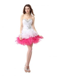 Pink And White Lace Up Sweetheart Beading and Ruffles Prom Gown Organza Sleeveless