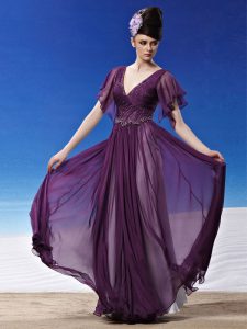 Superior Column/Sheath Prom Dress Dark Purple V-neck Chiffon Short Sleeves Ankle Length Side Zipper