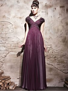 Traditional Purple Cap Sleeves Beading and Ruching Floor Length Prom Dresses