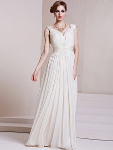 White Column/Sheath V-neck Cap Sleeves Chiffon Floor Length Backless Beading and Ruching Going Out Dresses