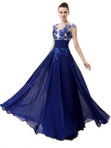 Hot Selling High-neck Cap Sleeves Zipper Prom Gown Blue Chiffon