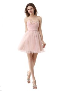 Pink Sleeveless Mini Length Beading and Ruching Zipper Going Out Dresses