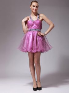 Smart Rose Pink Dress for Prom Prom and Party and For with Beading Halter Top Sleeveless Zipper