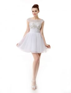 Inexpensive White A-line Scoop Cap Sleeves Organza Mini Length Zipper Beading and Ruching Celebrity Dresses