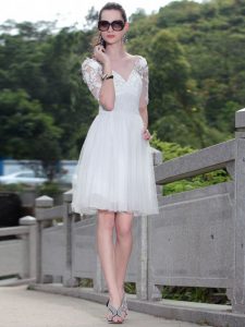 Suitable White Tulle Zipper Prom Party Dress Sleeveless Knee Length Lace